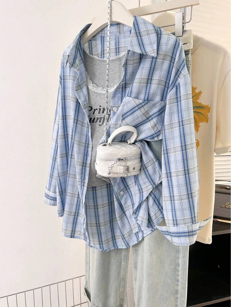 Women's Plaid Drop Shoulder Long Sleeve Single-Breasted Pocket Casual Shirt Fall Cloth For Women - Multicolor - View 1