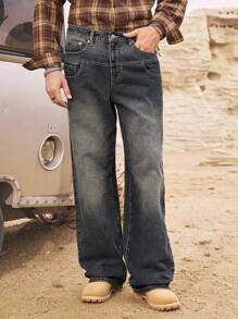Manfinity Homme Jeans de mezclilla lavada azul grisácea de corte holgado, primavera/verano - Azul lavado medio - Ver 7
