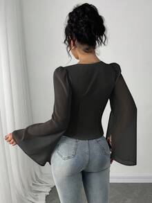 Firerie Damen Einfarbige Plissee Kragen Chiffon Schlitz Langarm Bluse, Business Lässig Sommer für Frauen - Schwarz - Übersicht 2