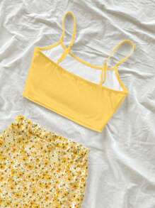 Soleia 女式短款吊带背心和高开叉抽绳腰裙套装，适合夏季度假，黄色碎花图案，加大码