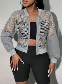 SHEIN SXY Mesh Sheer Sleeve Patchwork Cropped Jacket In Fall/Winter - Grey - View 5