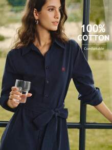 Briarwyn 女士休闲字母刺绣腰带中长衬衫裙，春秋装，秋季服装，返校服装，复古风格女装，女士教师装，返校节礼服 - 藏蓝色 - 查看 11