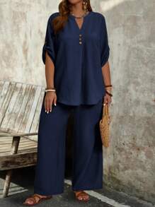 EMERY ROSE Plus Size Women's Summer Solid Color Notched V-Neck Rolled Sleeve Shirt And Wide Leg Pants Loose Casual Two-Piece Set - Navy Blue - View 6