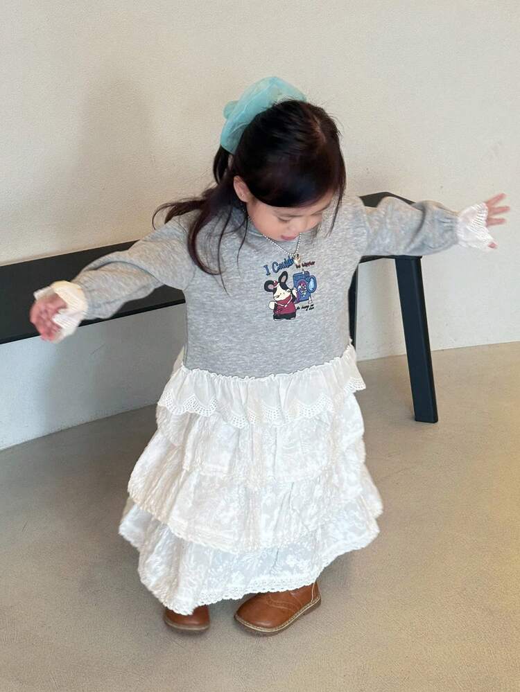 Toddler Girls' Casual Crew Neck Lace Patchwork Cartoon Print Sweatshirt