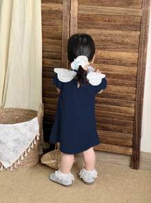 SHEIN 女婴节日装圣诞节休闲装夏季灰蓝色娃娃领连衣裙 - 藏蓝色 - 查看 2