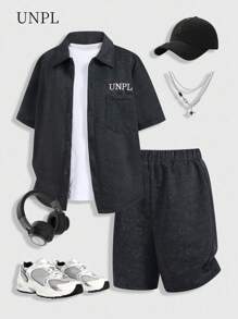 SHEIN Teen Boy Summer Casual Letter Embroidered Shirt & Shorts Set
