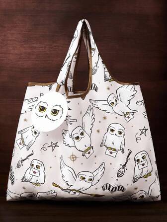 HARRY POTTER X SHEIN 1pc Foldable Polyester Tote Bag With Hedwig Graphic Print, Handbag With Pouch Attached By Chain, Fashionable, Owl, Magic Beach Bag, White