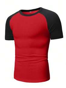 EURMUSE Camiseta de manga raglán con bloques de color 100% algodón para hombre - Rojo - Ver 4