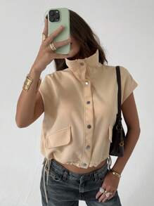 Aloruh Women's Solid Color Single-Breasted Capped Sleeve Casual Regular Jacket Fall Women Clothes Winter Dresses For Women - Apricot - View 1
