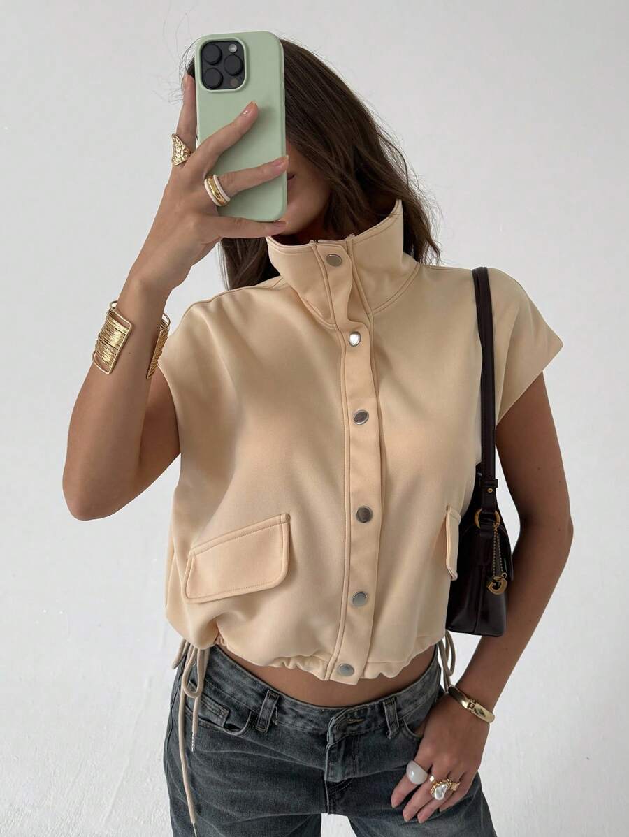 Aloruh Women's Solid Color Single-Breasted Capped Sleeve Casual Regular Jacket Fall Women Clothes Winter Dresses For Women - Apricot - View 1