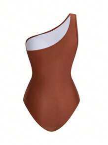 Swim Oasis Women's Solid Color Ruched Mesh Panel One-Piece Swimsuit With Sarong Skirt For Summer Beach Vacation - Brown - View 3