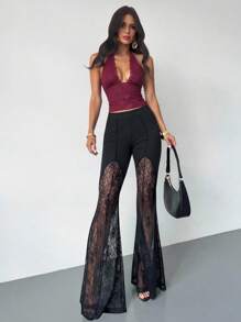 Firerie Pantalones de gasa ajustados y acampanados con parches de encaje elegantes, sexys y de cintura baja para vacaciones, graduación, festival de música y ciudad, verano