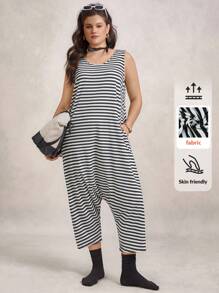 Zelara Plus Size Black & White Striped Sleeveless Casual Everyday Wear Sports Jumpsuit Navycore Outfits