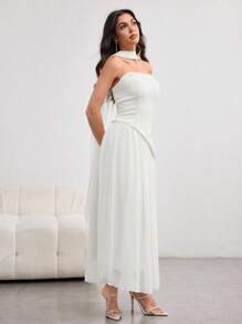 NOVVYNE 女式不对称荷叶边下摆露背连衣裙，优雅魅力，浅黄色，春夏 - 白色 - 查看 6