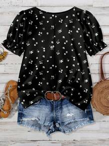 EMERY ROSE Plus Size Black Ruffle Hem Blouse With Elegant Half Bishop Sleeves Cute Blouses For Women,Back To School Chic Blouses For Women,Spring/Summer/Vacation - Black - View 2