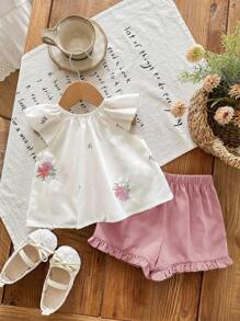 SHEIN LMoss Kids 新生女宝宝花卉刺绣图案短袖上衣和绿色短裤套装，夏季女宝宝服装，夏季套装，女宝宝荷叶边短裤套装，两件套，女宝宝夏季服装，女宝宝花卉短裤套装，女宝宝复古风格套装 - 彩色 - 查看 2