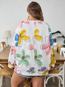 SHEIN CURVE+ Sudadera holgada de manga larga con cuello redondo y estampado minimalista para mujer de talla grande, ropa de otoño. Suéter de punto con estampado de plantas y cuello redondo para mujeres de talla grande en otoño - Multicolor - Ver 2
