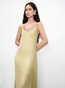 Lumivelle Vestido de satén y brillo con textura de tela de unicolor, decoración de anillo de metal para mujer, vestido de cadena de vacaciones, vestido de verano para la universidad - Verde - Ver 4