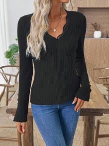 SHEIN LUNE Sudadera casual y versátil de unicolor con ribete de encaje, para primavera/otoño - Negro - Ver 6