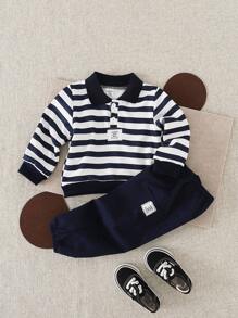 SHEIN Playful Pals 2 件套男婴幼儿新生儿 0-3 岁春夏休闲日常穿着 3D 恐龙印花 T 恤和短裤 2 件套 - 藏蓝色 - 查看 6