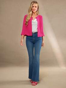 Amorya 女式纯色紫红色开袖薄款夹克外套，秋季 - 玫紅色 - 查看 5