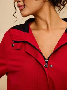 SHEIN VCAY 大码女式户外徒步防水连帽收腰长袖口袋夹克，适合秋冬季，红色 - 紅色 - 查看 8