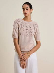 Airaco Fair Isle Style Hollow Perforated Crew Neck Short Sleeve Casual Undershirt