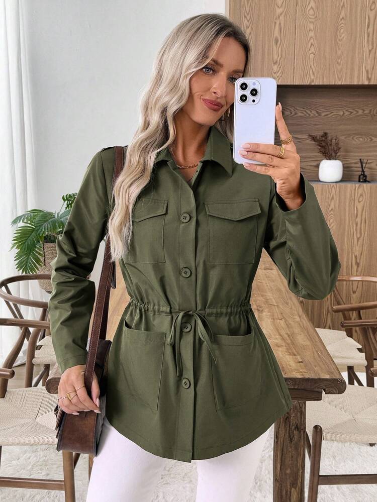 Women's Solid Color Long Sleeve Drawstring Waist Single-Breasted Casual Trench Coat Green Jacket Women Women Green Blazer Green Utility Jacket Winter Clothes For Women Winter Jacket Winter Coat Winter Coat Women Winter Clothes Women Winter Clothes For Women