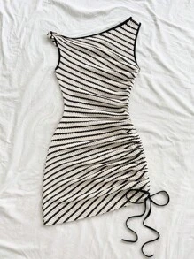 Soleia 女士度假活力条纹不对称扭纹抽绳褶饰紧身迷你连衣裙，时尚休闲，海滩，派对 - 咖啡 - 查看 2