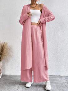 SHEIN LUNE Women's Solid Color Drop Shoulder Long Sleeve Single-Breasted Long Shirt And Pants Casual 2 Pieces Set