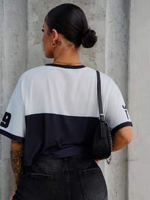 SAYEHFBABY Women's Letter Print Round Neck Drop Shoulder Short Sleeve Casual Black & White Racing T-Shirt - Black and White - View 2