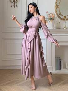 DAZY Abito elegante da donna con spalle scoperte, collo alto e decorazione in perle, di colore unito - Rosa - Visualizzare 4