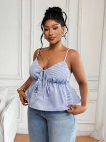 SHEIN PETITE CURVE Talla grande 2025: Top de tirantes con lazo delantero en azul - y blusas casuales tipo babydoll, usables en todas las estaciones