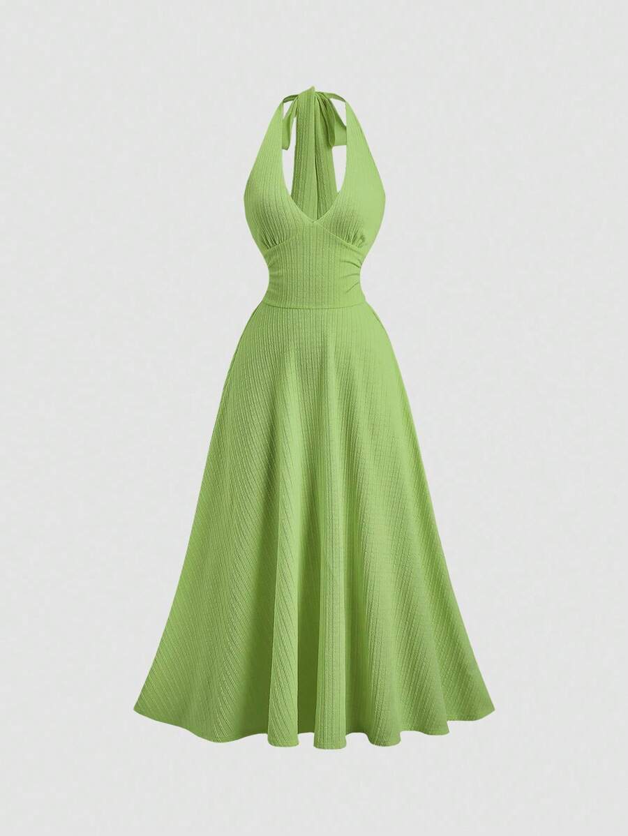 Sweetra 法国春夏新款黄色优雅高端时尚小众针织挂脖收腰性感女长裙 - 綠色 - 查看 1