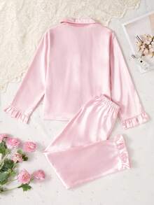 Bộ đồ ngủ 2 món tay dài thêu bèo nhún màu trơn và quần dài cho bé gái tuổi teen, mùa xuân và mùa thu - Màu Hồng baby - Xem 2