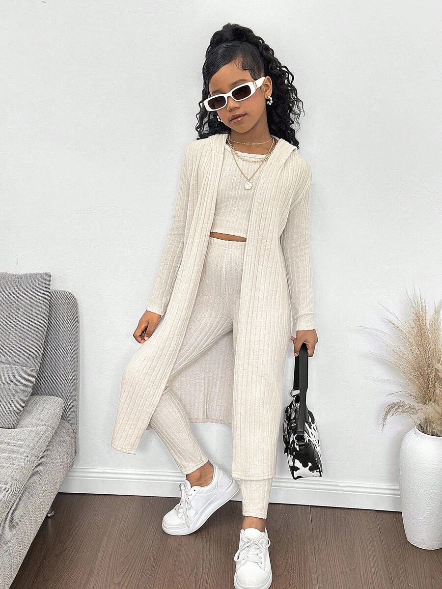 3pcs Tween Girls Casual Outfit Set: Long Jacket + Vest + Leggings, Fashionable Daily Wear Girls Ribbed Two Piece Set Girls Ribbed 3 Piece Outfit Girls Knit Set Hooded Cardigan Set Tween Girl Casual Outfit Fall Winter - Apricot - View 1
