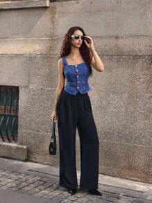 Selenza 女式休闲前扣无袖牛仔夹克 - 藍色 - 查看 6