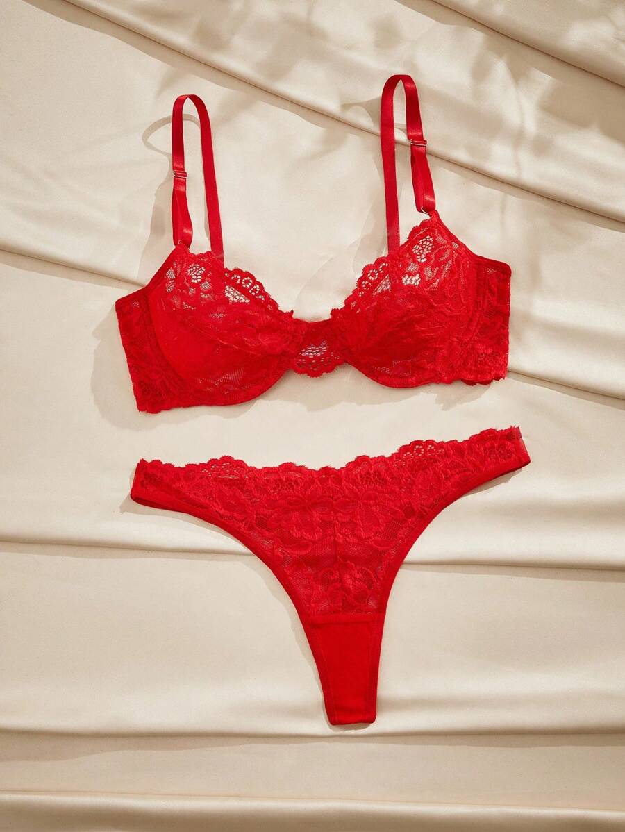 Charlaine Set de lencería con encaje floral con aro - Rojo - Ver 1
