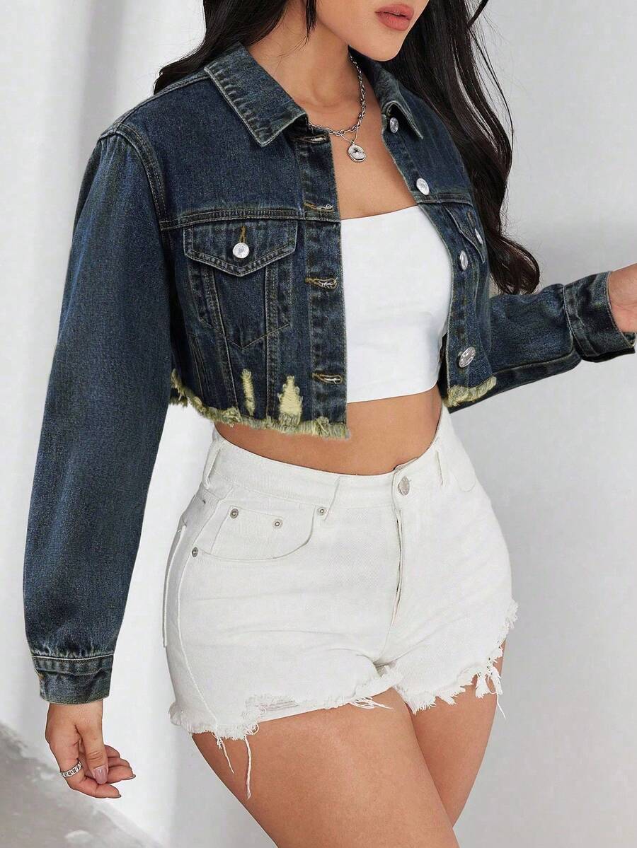 SHEIN ICON Áo khoác denim cắt ngắn rách rưới giặt thường ngày - Rửa tối - Xem 1