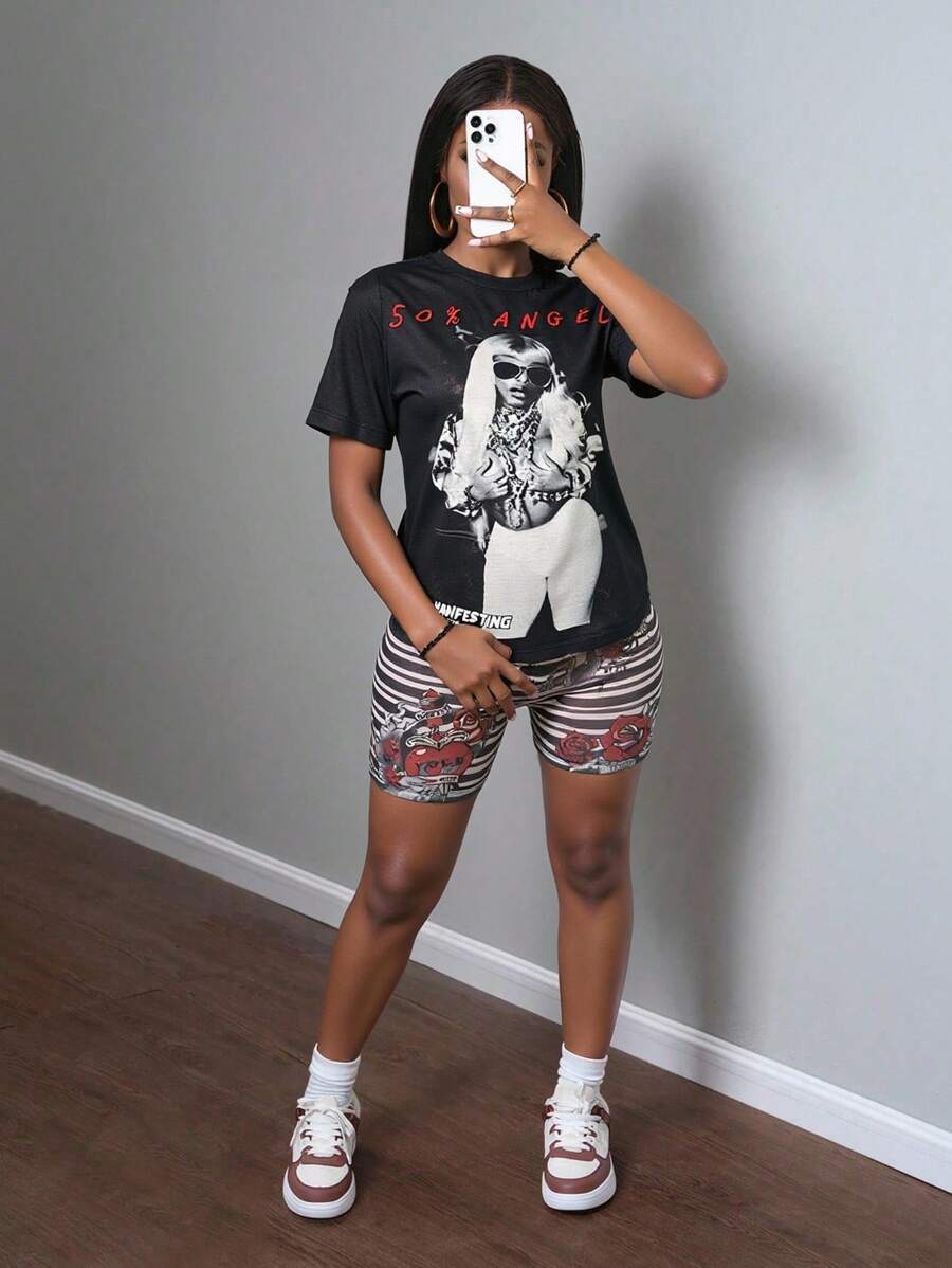 Slaydiva 2 Stücke/Set Sommer Musik Festival Y2K Stil Sexy lässige Streetwear LA Hiphop Grafik Muster Loose Fit Rundhals Kurzarm Schwarzes T-Shirt + hochtaillige eng anliegende Sexy Mesh gestreifte Grafik Muster Shorts für Frauen