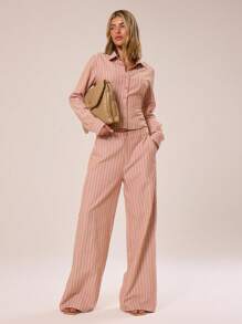 MUSERA Tailored Mid Rise Pinstripe Wide Leg Trouser Business Casual Spring - Brown - View 1
