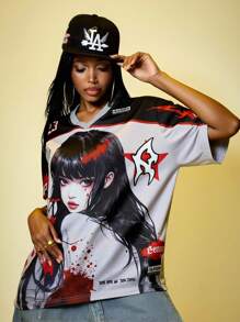 ROMWE Women's Anime Print Short Sleeve T-Shirt,Suitable For Everyday Wear In Spring/Summer - Grey - View 1