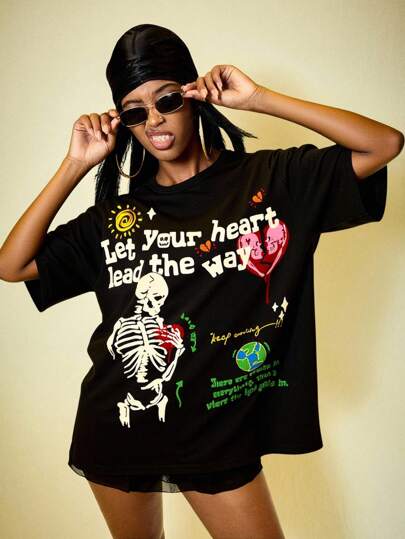 Street Life Women Street Style Slogan & Skeleton Print Short Sleeve T-Shirt