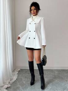 Elenzga Solid Color Double-Breasted Elegant A-Line Overcoat For Women Fall Winter Cloth For Women