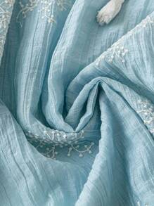 Linhara Women Plus Size Snow Flake Embroidered Tasseled Tie Front 3/4 Sleeve Loose Blouse