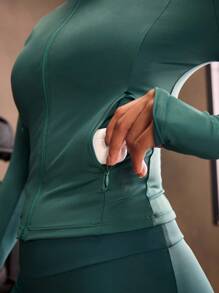 Powerista Chaqueta deportiva ajustada con cremallera y estampado de letras de manga larga para mujer