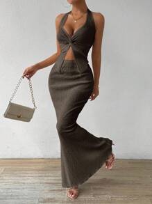 Rafferiza Women's Summer Solid Color Twisted Front Slit Hem Halter Neck Vest And Mermaid Skirt Fashion 2pcs Set Sexy Long Dressbodycon Long Dressbrown Long Dressbrown Two Pieces Setmocha Dress - Coffee Brown - View 5
