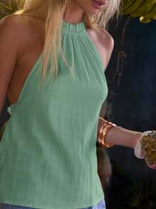 Aralina 荷叶边领口无袖露背休闲亚麻质地夏季上衣 - 薄荷綠 - 查看 3