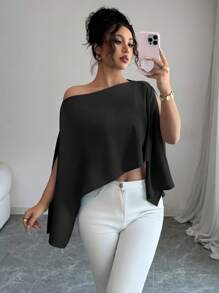 Elenzga 2025 新款优雅别致浅黑色休闲百搭性感不对称设计落肩褶皱腰绿色女式春夏衬衫，休闲露肩纯色不对称衬衫，适合万圣节、圣诞节、新年、感恩节、情人节、工作 - 黑色 - 查看 1