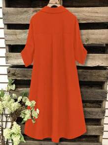 SHEIN Tall CURVE Plus Size Women's French Casual Summer Short Sleeve V-Neck Dress Orange Dress Burnt Orange Dress Collared Dress Orange Tunic Dress Solid Color Dress Plus Size Orange Dress